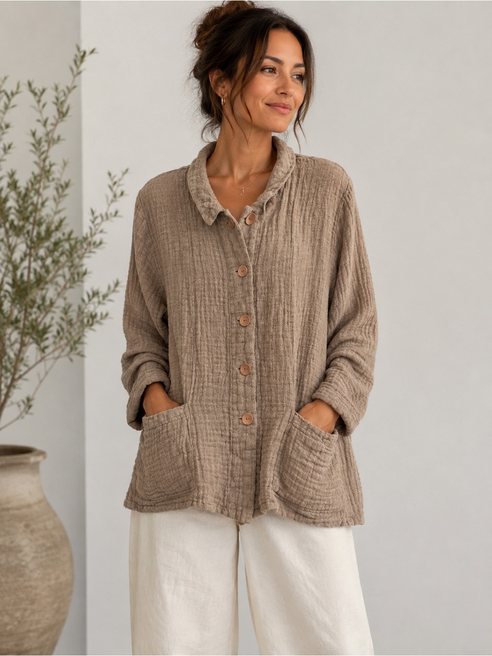 Flax linen jacket features a textured, oatmeal-colored L